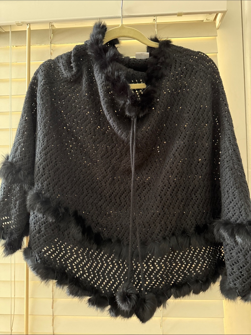 Black Rabbit Fur Knitted Poncho with Pom Poms